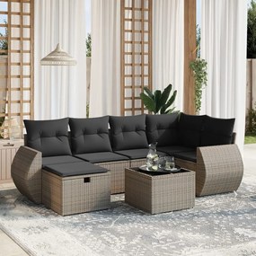 7 pcs conjunto sofás p/ jardim c/ almofadões vime PE cinzento