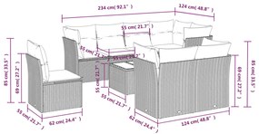 9 pcs conjunto sofás p/ jardim com almofadões vime PE cinzento