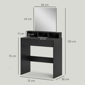 Toucador de Maquilhagem com Espelho Toucador com 2 Gavetas 3 Compartimentos Toucador para Dormitório 75x38x135 cm Preto