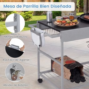 Carrinho de churrasco 141 x 62 x 80 cm para grelhadores de 18“ e 22” com bancada ampla, grelha metálica, cesto para rolos e caixote do lixo para jardi
