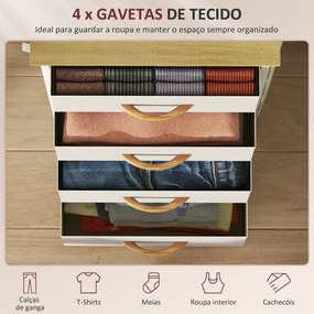 Cómoda Alta de Tecido com 4 Gavetas 4 Bolsos Laterais 2 Ganchos e Estrutura de Aço 45x30x94,5 cm Bege