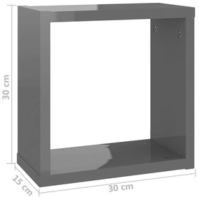 Prateleiras parede forma de cubo 6 pcs 30x15x30 cm cinza brilh.