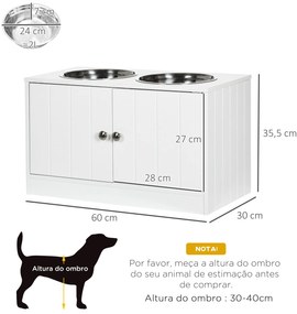 Comedouro Elevado para Cães Grandes com 2 Tigelas de 2000ml de Aço Inoxidável 2 Portas e Armazenamento 60x30x35,5cm Branco