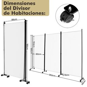 Biombo com 3 Paineis com rodas Altura 180cm Divisória para salas de escritório, casa Branco