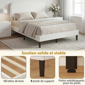 Estrutura de cama 140 x 190 cm com base de cama (COLCHÃO NÃO INCLUIDO), cabeceira ajustável, cama de casal estofada em veludo Teddy, ripas de metal, b