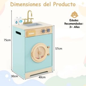 Máquina de Lavar para Crianças 40 × 30 × 75 cm com Detergente e Desinfetante para as Mãos com Pia, Gaveta e Rodas Giratórias Azul