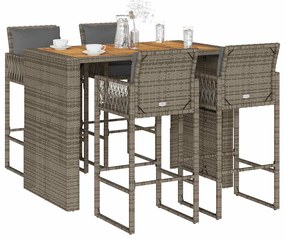 vidaXL 5 pcs conj. de bar jardim c/ almofadões vime PE/acácia cinzento