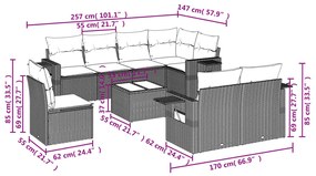 9 pcs conjunto sofás p/ jardim com almofadões vime PE cinzento
