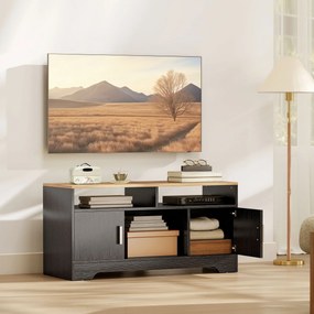 Móvel de televisão 105 x 40 x 52 cm com 2 compartimentos abertos, 2 armários com portas e um armário aberto, com efeito de madeira preta