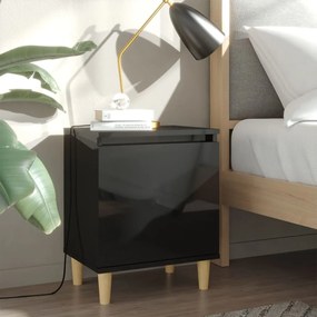 vidaXL Mesa cabeceira pernas madeira maciça 40x30x50cm preto brilhante