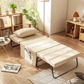 Sofá Cama 4 em 1  Estofado em Linho com Encosto Ajustável em 5 Níveis e Almofada Acolchoada  75x80x74 cm Creme