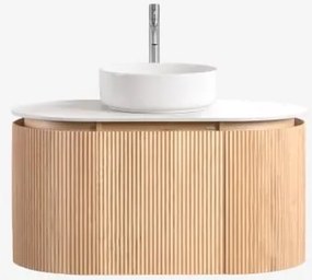 Conjunto De Móvel De Casa De Banho Suspenso 90x50 Cm Em Madeira Carsone Madeira Natural & Sem Unidade Auxiliar & Cerâmica Redonda Branca - Sklum