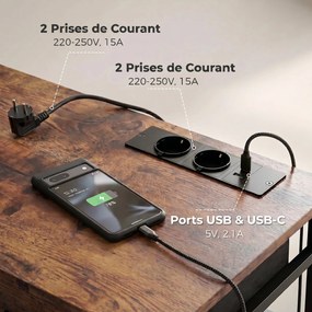 Secretária com espaço de arrumação e tomadas elétricas, 3 gavetas em tecido e 4 prateleiras, 120 x 40 x 76 cm, castanho
