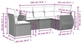 5 pcs conjunto sofás p/ jardim c/ almofadões vime PE castanho