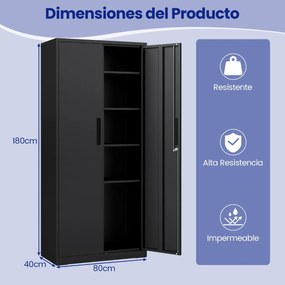 Armário metálico com 2 portas 80 x 40 x 180 cm com fechadura para ferramentas de garagem ou escritório com 4 prateleiras ajustáveis preto