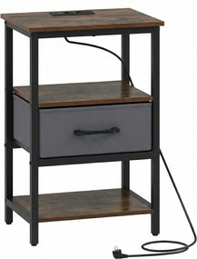 Mesa de cabeceira com estação de carregamento 40 x 30 x 61 cm, gaveta e estantes, Estrutura metálica moderna, cinzento escuro, Castanho e preto