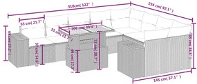 10 pcs conjunto sofás de jardim c/ almofadões vime PE preto