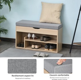 Banco para sapatos com 2 níveis de arrumação 80 (L) x 30 (P) x 48 (A) cm, compartimentos abertos + baú integrado com almofada bege-cinzenta