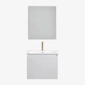 Conjunto De Móvel De Casa De Banho Suspenso Em Madeira Com Lavatório Integrado Macrae Branco & Led Retangular E Anti-embaciamento 60x70 Cm - Sklum