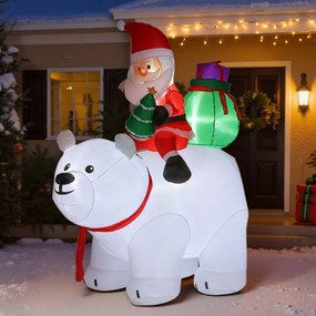 Pai Natal Insuflável Montado num Urso Polar, 180 x 100 x 200 cm, 5 Luzes LED, Branco