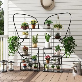 Suporte para plantas de metal 56 x 26 x 185 cm com 6 níveis, 12 prateleiras de malha metálica e 4 ganchos preto