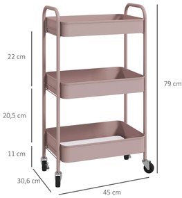 Carrinho Auxiliar de 3 Níveis com Rodas Carrinho de Armazenamento Deslizante para Cozinha Sala 45x30.6x79 cm Rosa