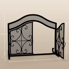Grelha de proteção para lareira, painel único em malha de aço, 105 x 40 x 80,5 cm, preta