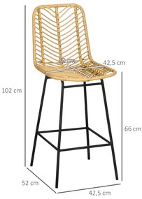 Bancos Altos de Cozinha em Vime Sintético Bancos de Bar Modernos com Pés de Aço 42,5x52x102 cm Madeira e Preto