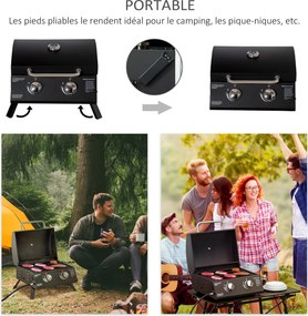 Grelhador a gás de mesa portátil com pés dobráveis - 2 queimadores de 5 kW - Churrasqueira a gás para campismo - Grelha de cozedura, tabuleiro para go