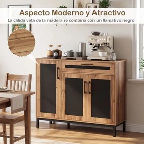 Aparador, armario cozinha rústico-moderno 120 x 41 x 95 cm com gaveta e prateleiras removíveis, 3 portas tom natural