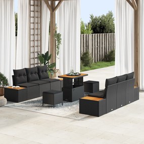 Conjunto de Sofá de Jardim de 9 Peças com Almofadas Preto Rattan Poliéster Acácia