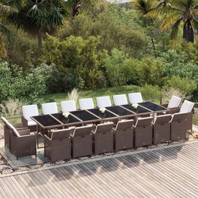 vidaXL 19 pcs conjunto jantar p/ jardim c/ almofadões vime PE castanho