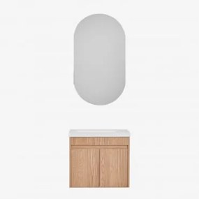 Conjunto De Móvel De Casa De Banho Suspenso Em Madeira Com Lavatório Integrado Narek Castanho Fresno & Ovalado Com Armazenamento Preto - Sklum