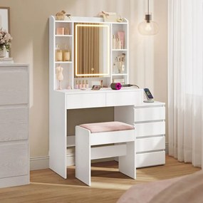 Toucador com espelho LED (BANCO NÃO INCLUIDO) e tomada múltipla 40 x 105 x 145 cm Coleção Kailyn branco