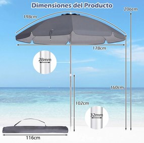 Guarda-sol de praia portátil  178 x 206 cm  com inclinação ajustável e bolsa de transporte para jardim, pátio e exterior Cinzento
