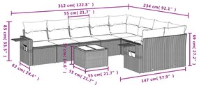 10 pcs conjunto sofás de jardim c/ almofadões vime PE cinzento