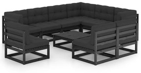 vidaXL 10 pcs conjunto longue jardim c/ almofadões pinho maciço preto