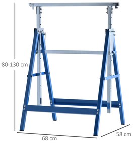 Conjunto de 2 Cavaletes Telescópicos Dobráveis com Altura Ajustável Cavaletes de Serra de Aço para Mesa de Trabalho Carga 200kg 68x58x80-130cm Azul e