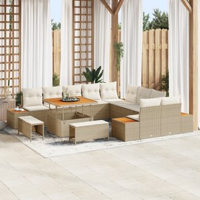 Conjunto de Sofás de Jardim com 13 Peças e Almofadas Bege em Rattan Sintético de Acácia