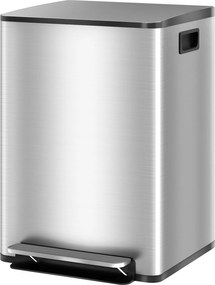Caixote do lixo de cozinha com 2 compartimentos de 2 x 20 L, com pedal, em aço inoxidável, tampa com fecho suave