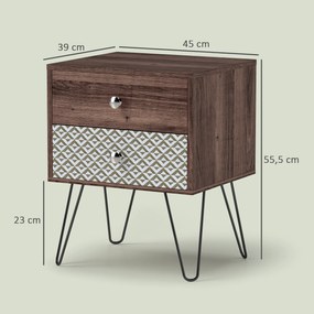 Mesa de Cabeceira com 2 Gavetas Pés de Aço Estilo Boémio Mesa de Cabeceira para Quarto Sala de Estar 45x39x55,5 cm Castanho