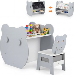 Mesa e cadeira infantil 3 em 1 com tema de urso, secretária infantil com quadro de giz de dupla face, estante, ganchos e gaveta, para crianças dos 3 a