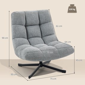 Poltrona de sala sem braços, cadeira giratória em tecido chenille impermeável, assento largo, 75 x 95 x 90 cm, cinzento