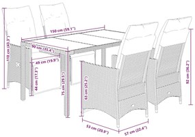 5 pcs conjunto de jantar p/ jardim c/ almofadões vime PE preto