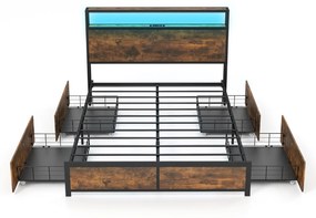 Estrutura de cama de casal 140 x 200 cm Metal Estrutura de cama de casal Luz LED RGB Cabeceira 4 gavetas de arrumação Ligação USB Plataforma de cama