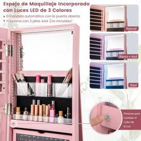 Armário joias giratório 360° com luzes LED Espelho de corpo inteiro Prateleiras de armazenamento 54,5 x 161 cm Rosa