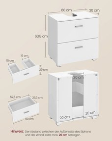 Armário casa de banho de lavatório (NÃO INCLUIDO) 30 x 60 x 63,8 cm com 2 gavetas grandes Coleção CUSTOS, branco