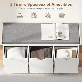 Banco para Calçado de Entrada com Arrumação, 105 x 35 x 47 cm, 3 Gavetas Amovíveis, Branco