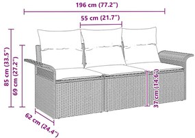 Conjunto de sofá de jardim de 3 peças com almofadas em rattan poliprop