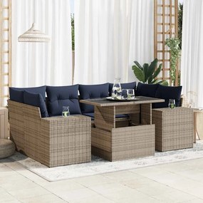 7 pcs conjunto sofás jardim almofadões vime PE/acácia cinzento